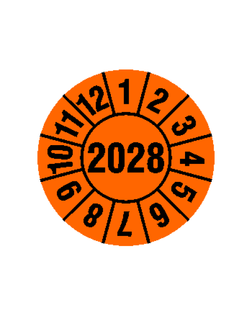 Prüfplakette 2028, selbstklebende Folie, orange/schwarz, Jahreszahl "2028", ø 30 mm, Best.-Nr. 4320-28