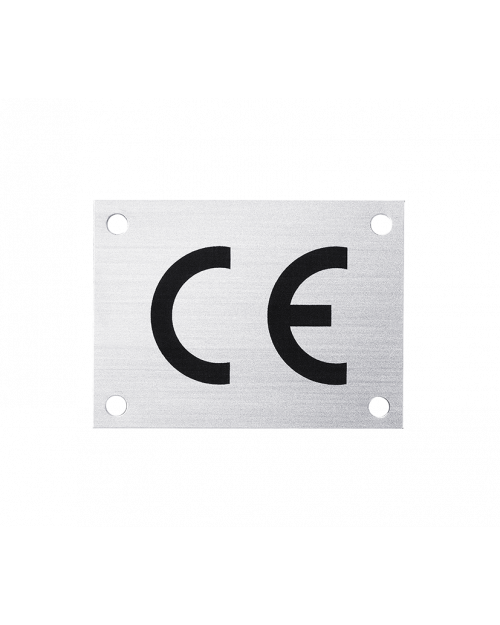 CE - Zeichen, alu / schwarz, eloxiert, 0,5 mm stark, mit 4 Bohrungen