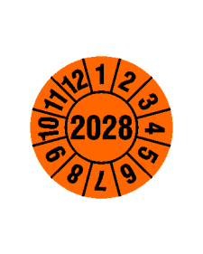Prüfplakette 2028, selbstklebende Folie, orange/schwarz, Jahreszahl "2028", ø 30 mm, Best.-Nr. 4320-28