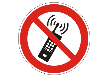 Verbotsschild: eingeschaltete Mobiltelefone verboten